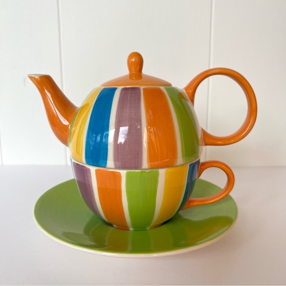 Vintage Hand Painted Cabana Stripes Tea For One Set Canhome Thailand - Picture 2 of 15